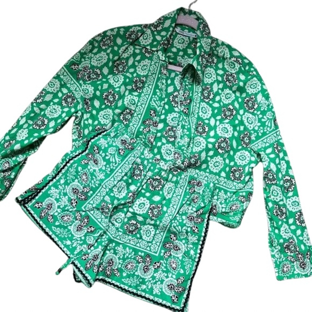 ZARA Set Green & White Bandana Print Cotton Set Top XL Shorts L  (item #A12) - Picture 13 of 15